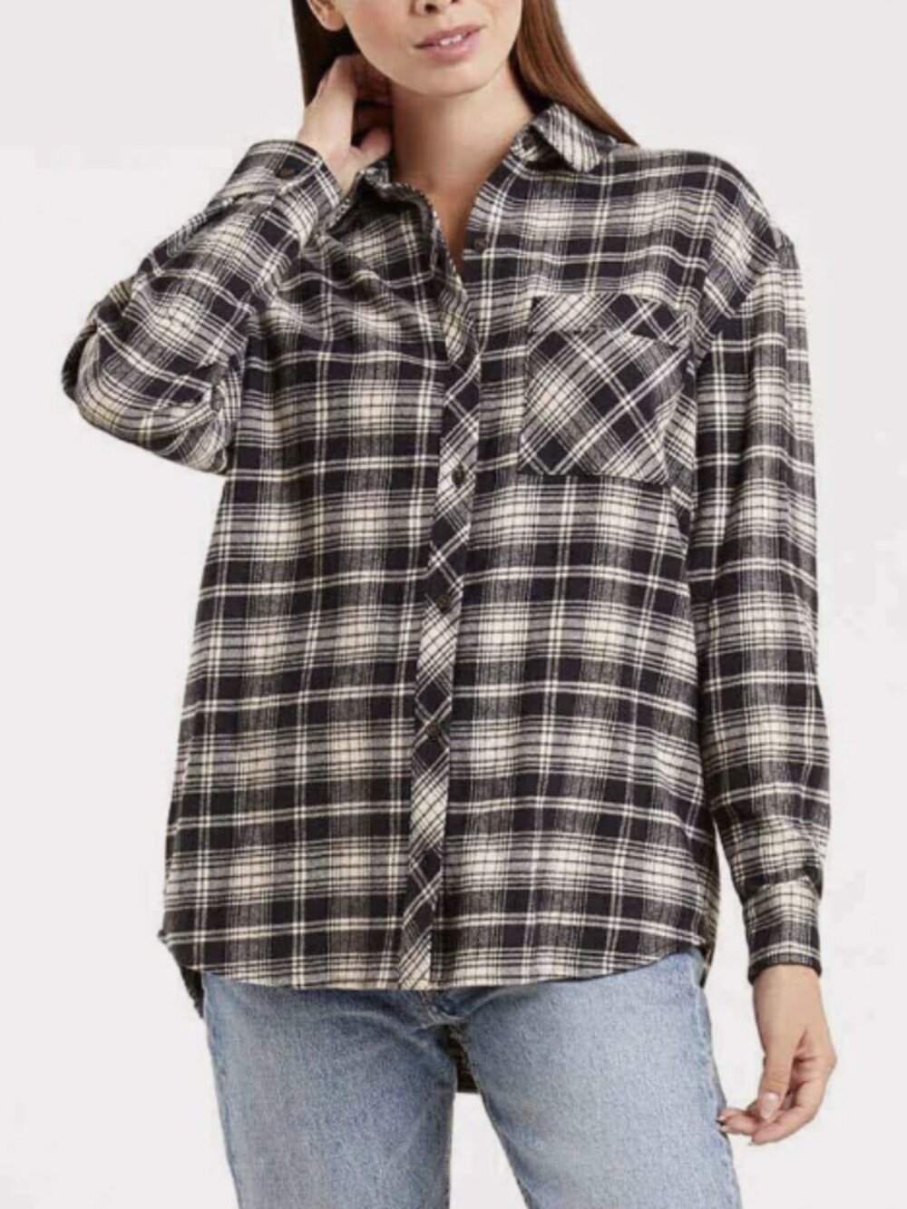 Nuuds Women's Black Bone Boyfriend Flannel Plaid Cotton Button-up Shirt